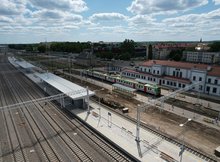 Nowy peron na stacji Ełk widok z drona. fot. Szymon Grochowski PKP Polskie Linie Kolejowe SA