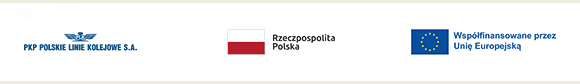Logotyp: PKP Polskich Linii Kolejowych S.A., flaga Rzeczpospolita Polska, logotyp: flaga Unii Europejskiej, Wsp&oacute;łfinansowane przez Unię Europejską.