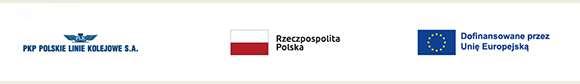 Logotyp: PKP Polskich Linii Kolejowych S.A., flaga Rzeczpospolita Polska, logotyp: flaga Unii Europejskiej, Dofinansowane przez Unię Europejską.